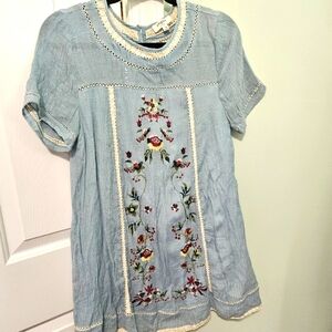 Umgee Embroidered Dress Boho Hippie Lace Trim Floral Medium Boho Crinkle Gauze